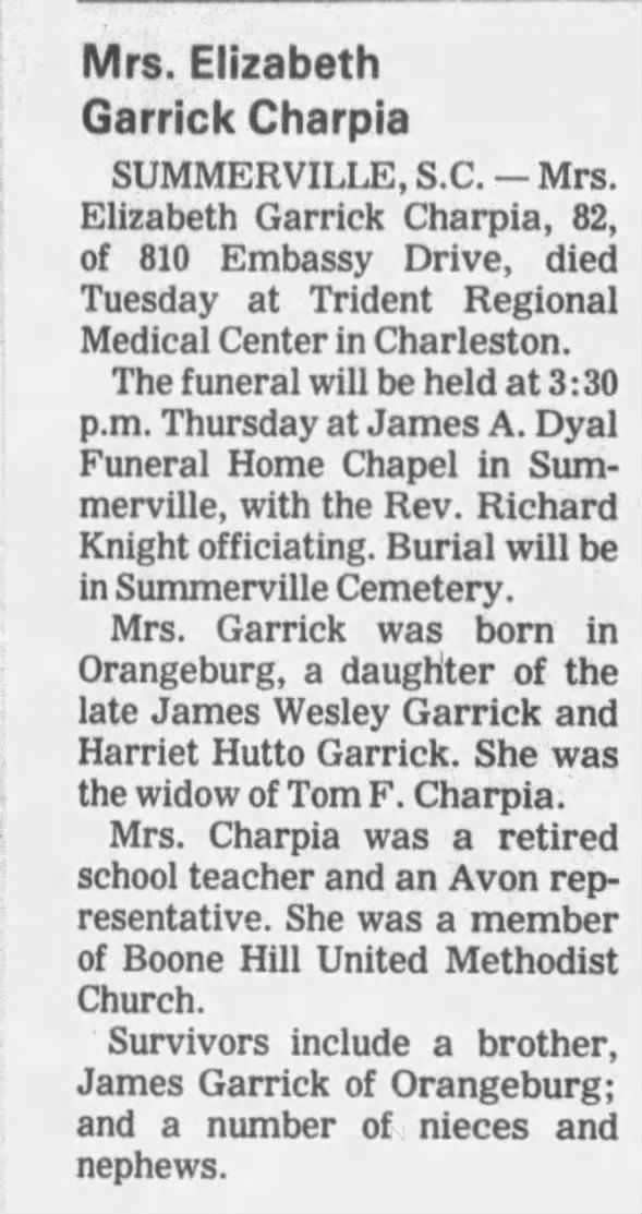 Obituary for Elizabeth Garrick Charpia (Aged 82)